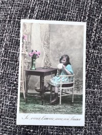 1909年 フランス ブルードレスの少女とレター ポストカード